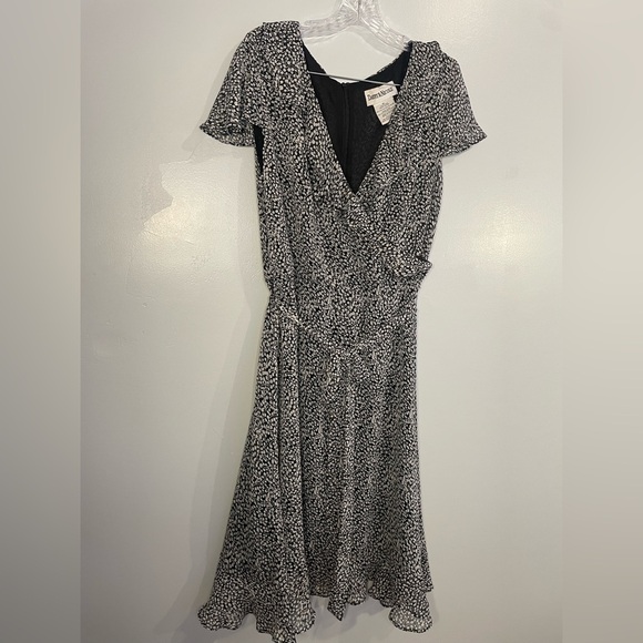 Vintage Danny & Nicole Faux Wrap Midi Dress Ruffle Black White Size 14 Lined - Picture 6 of 14